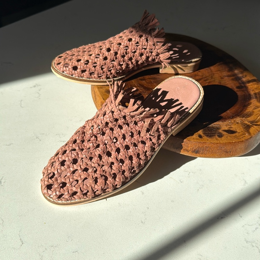 FREE PEOPLE Mirage Fringe Mules Brown Woven Leather Flat Slides Sandals